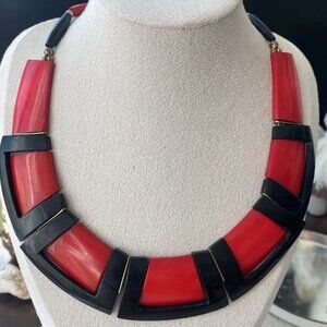 Vintage Dyed Red Buffalo Horn & Brass Statement Bib Necklace 18”